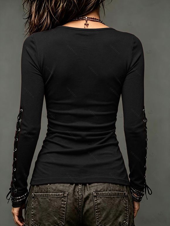 Casual Women Outfit Solid Color Grommet Lace Up Round Neck Top and Chain Embellishment Skinny Pants Set - Noir S | US 4