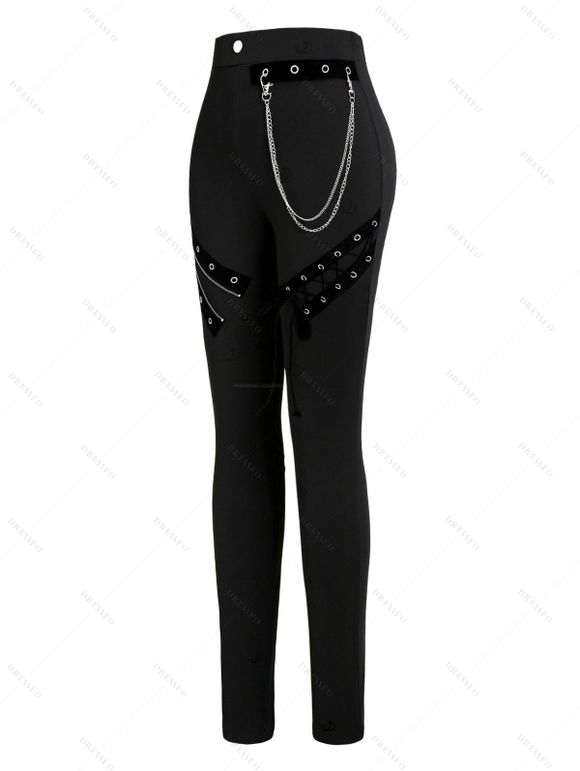 Casual Women Outfit Solid Color Grommet Lace Up Round Neck Top and Chain Embellishment Skinny Pants Set - Noir S | US 4