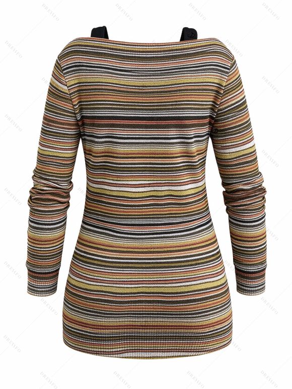 Vintage Faux Twinset Top Colored Striped Print V Neck Buckle Long Sleeve 2 In 1 Top - Brun S | US 4