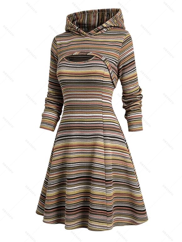 Vintage Women Outfit Colored Striped Print Cut Out A Line Two Piece Hoodie Dress and Life Tree Hoop Earrings Lace Up Over The Knee Boots Set - Brun S | US 4