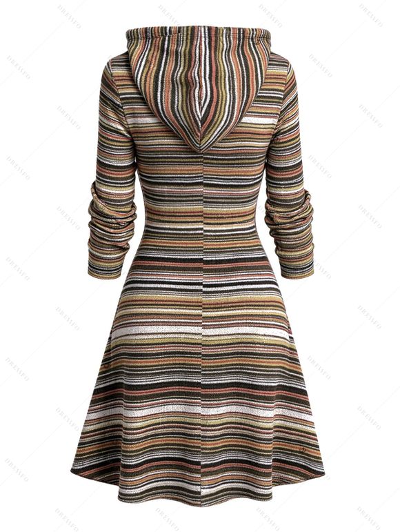 Vintage Women Outfit Colored Striped Print Cut Out A Line Two Piece Hoodie Dress and Life Tree Hoop Earrings Lace Up Over The Knee Boots Set - Brun S | US 4