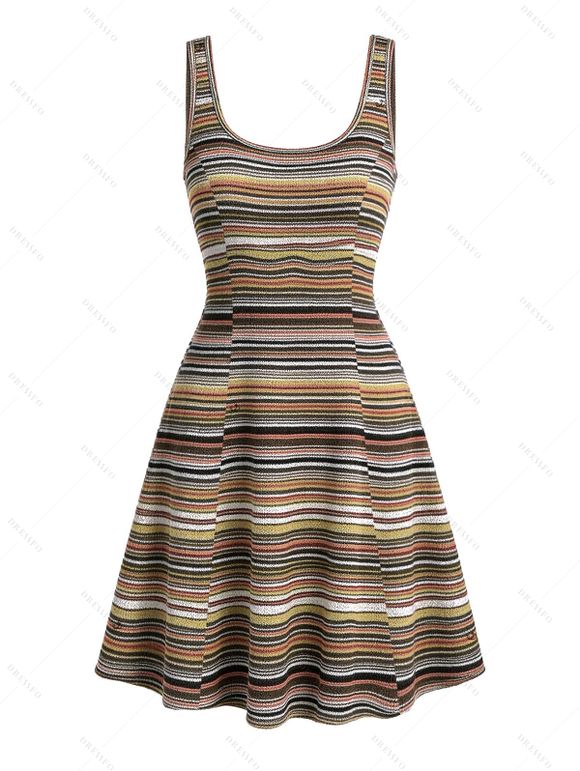Vintage Women Outfit Colored Striped Print Cut Out A Line Two Piece Hoodie Dress and Life Tree Hoop Earrings Lace Up Over The Knee Boots Set - Brun S | US 4
