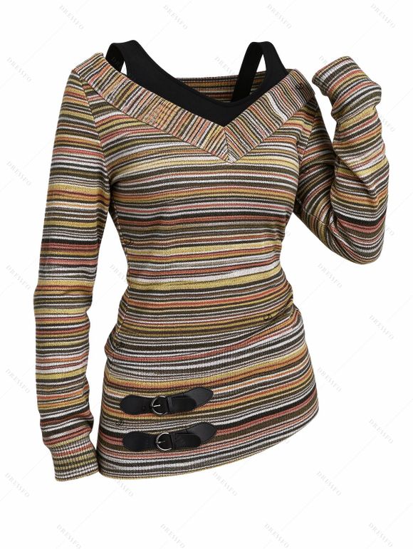 Vintage Women Outfit Colored Striped Print V Neck Buckle Long Sleeve Faux Twinset Top and Life Tree Hoop Earrings Lace Up Over The Knee Boots Set - Brun S | US 4