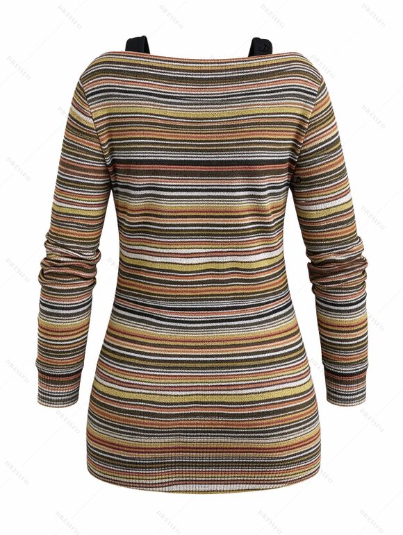 Vintage Women Outfit Colored Striped Print V Neck Buckle Long Sleeve Faux Twinset Top and Life Tree Hoop Earrings Lace Up Over The Knee Boots Set - Brun S | US 4