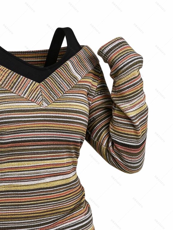 Vintage Women Outfit Colored Striped Print V Neck Buckle Long Sleeve Faux Twinset Top and Life Tree Hoop Earrings Lace Up Over The Knee Boots Set - Brun S | US 4