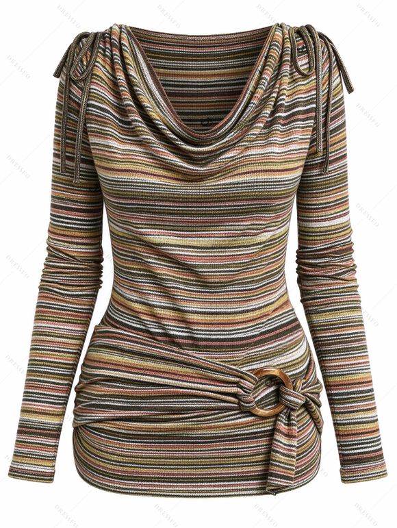 Vintage Women Outfit Colored Striped Print Draped Cowl Neck Cinched Shoulder O-ring Tied Top and Chain Embellishment Buckle Pants Set - Brun S | US 4