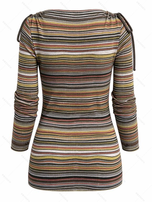 Vintage Women Outfit Colored Striped Print Draped Cowl Neck Cinched Shoulder O-ring Tied Top and Chain Embellishment Buckle Pants Set - Brun S | US 4