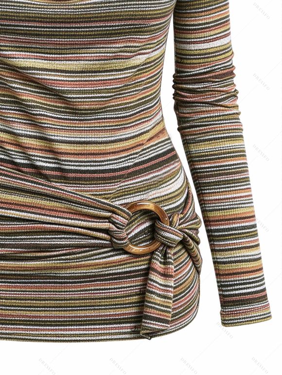 Vintage Women Outfit Colored Striped Print Draped Cowl Neck Cinched Shoulder O-ring Tied Top and Chain Embellishment Buckle Pants Set - Brun S | US 4