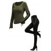 Casual Women Outfit Solid Color Grommet Lace Up Round Neck Top and Chain Embellishment Skinny Pants Set - Vert S | US 4