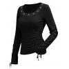Casual Women Outfit Solid Color Grommet Lace Up Round Neck Top and Chain Embellishment Skinny Pants Set - Noir S | US 4
