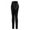 Casual Women Outfit Solid Color Grommet Lace Up Round Neck Top and Chain Embellishment Skinny Pants Set - Noir S | US 4