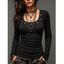 Solid Color Top Grommet Lace Up Round Neck Long Sleeve Top - Noir L | US 8-10