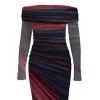 Elegant Party Dress Tie Dye Print Off the Shoulder Ruched Mesh Panel Bodycon Dress - Rouge Vineux XXL | US 14