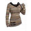Vintage Faux Twinset Top Colored Striped Print V Neck Buckle Long Sleeve 2 In 1 Top - Brun S | US 4
