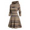 Vintage Women Outfit Colored Striped Print Cut Out A Line Two Piece Hoodie Dress and Life Tree Hoop Earrings Lace Up Over The Knee Boots Set - Brun S | US 4