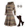 Vintage Women Outfit Colored Striped Print Cut Out A Line Two Piece Hoodie Dress and Life Tree Hoop Earrings Lace Up Over The Knee Boots Set - Brun S | US 4