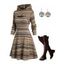 Vintage Women Outfit Colored Striped Print Cut Out A Line Two Piece Hoodie Dress and Life Tree Hoop Earrings Lace Up Over The Knee Boots Set - Brun S | US 4