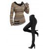 Vintage Women Outfit Colored Striped Print V Neck Buckle Long Sleeve Faux Twinset Top and Life Tree Hoop Earrings Lace Up Over The Knee Boots Set - Brun S | US 4