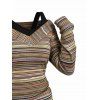 Vintage Women Outfit Colored Striped Print V Neck Buckle Long Sleeve Faux Twinset Top and Life Tree Hoop Earrings Lace Up Over The Knee Boots Set - Brun S | US 4