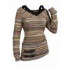 Vintage Women Outfit Colored Striped Print V Neck Buckle Long Sleeve Faux Twinset Top and Life Tree Hoop Earrings Lace Up Over The Knee Boots Set - Brun S | US 4