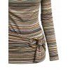 Vintage Women Outfit Colored Striped Print Draped Cowl Neck Cinched Shoulder O-ring Tied Top and Chain Embellishment Buckle Pants Set - Brun S | US 4