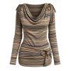 Vintage Women Outfit Colored Striped Print Draped Cowl Neck Cinched Shoulder O-ring Tied Top and Chain Embellishment Buckle Pants Set - Brun S | US 4