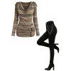 Vintage Women Outfit Colored Striped Print Draped Cowl Neck Cinched Shoulder O-ring Tied Top and Chain Embellishment Buckle Pants Set - Brun S | US 4
