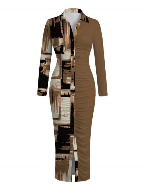 Winter Shirt Dress Colorblock Abstract Graffiti Print Ruched Button Up Long Sleeve Bodycon Dress