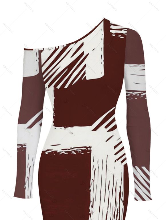 Elegant Party Dress Colorblock Abstract Brushstroke Graffiti Print Mesh Panel Skew Neck Long Sleeve Bodycon Dress - Rouge Vineux XXL | US 14