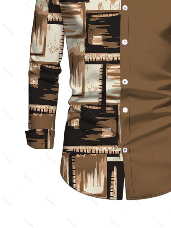 Men's Winter Shirt Colorblock Abstract Graffiti Print Button Up Long Sleeve Shirt - marron foncé L