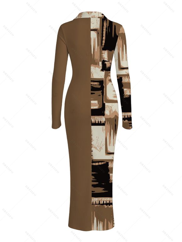 Winter Shirt Dress Colorblock Abstract Graffiti Print Ruched Button Up Long Sleeve Bodycon Dress - marron foncé XXL | US 14