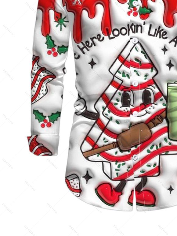Men's Christmas Shirt Christmas Tree Snowflake 3D Print Button Up Long Sleeve Holiday Shirt - Blanc 4XL