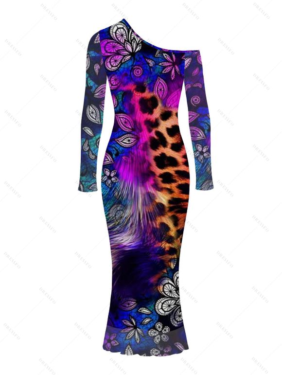 Ethnic Style Dress Leopard Mandala Floral Colorblock Print Mesh Panel Skew Neck Bodycon Dress - Concorde XXL | US 14