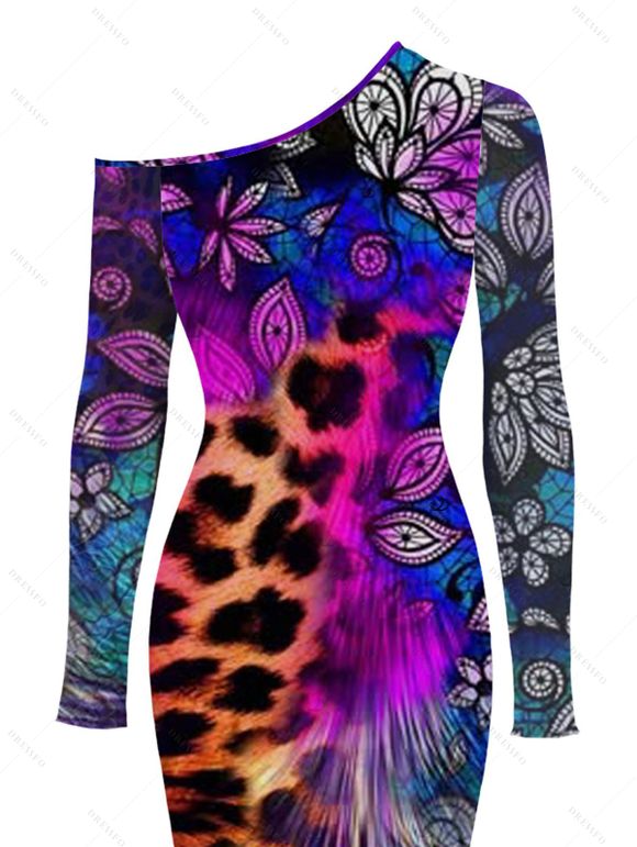 Ethnic Style Dress Leopard Mandala Floral Colorblock Print Mesh Panel Skew Neck Bodycon Dress - Concorde XXL | US 14