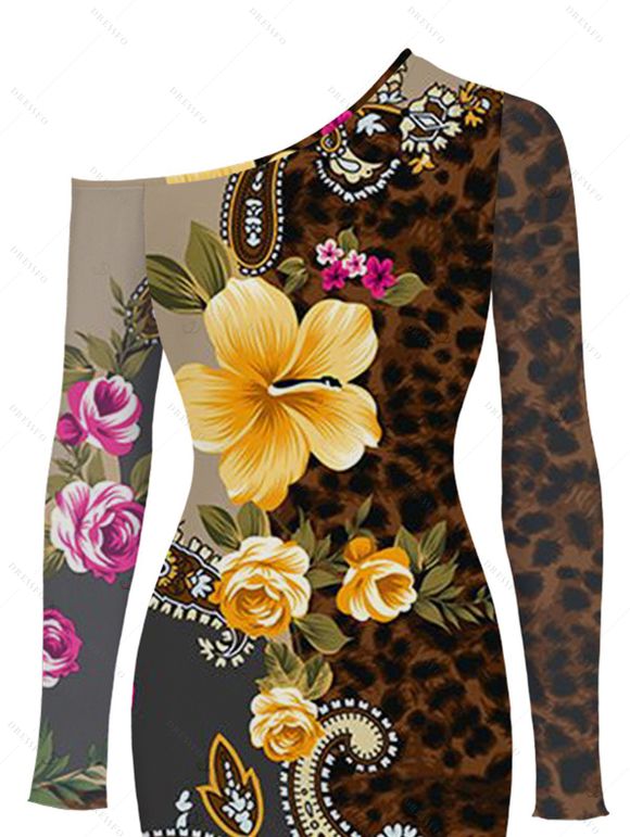 Elegant Vacation Dress Leopard Paisley Tropical Floral Print Mesh Panel Skew Neck Bodycon Dress - marron foncé XXL | US 14