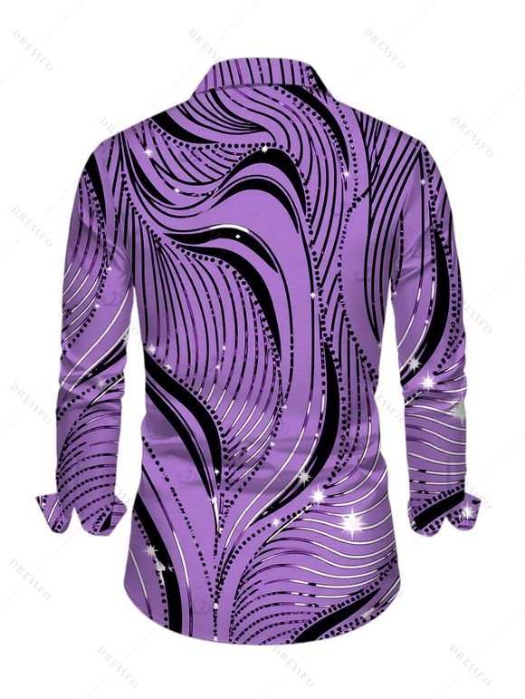 Men's Winter Shirt Wave Line Rhinestone Print Button Up Long Sleeve Shirt - Pourpre L