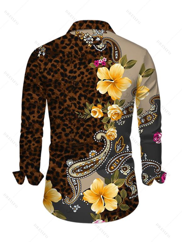 Men's Vacation Shirt Leopard Paisley Tropical Floral Print Button Up Long Sleeve Shirt - Noir M
