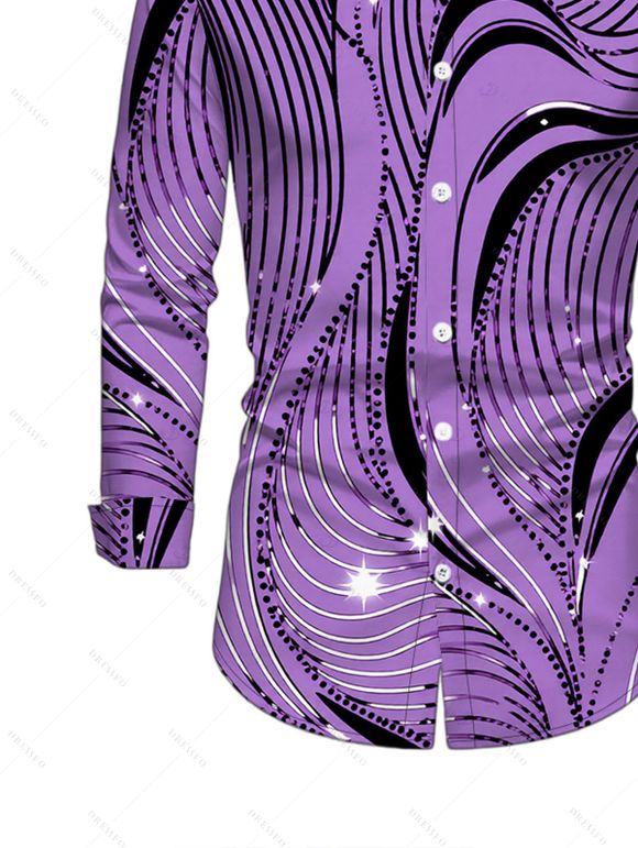 Men's Winter Shirt Wave Line Rhinestone Print Button Up Long Sleeve Shirt - Pourpre L
