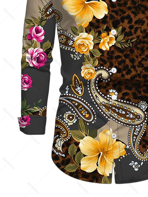 Men's Vacation Shirt Leopard Paisley Tropical Floral Print Button Up Long Sleeve Shirt - Noir M