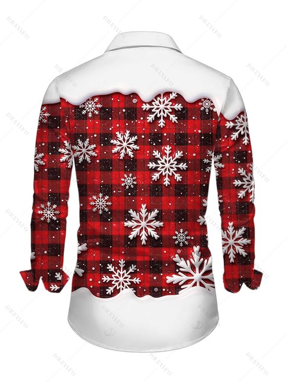 Men's Christmas Shirt Colorblock Plaid Snowflake Print Button Up Long Sleeve Holiday Shirt - Rouge Vineux M
