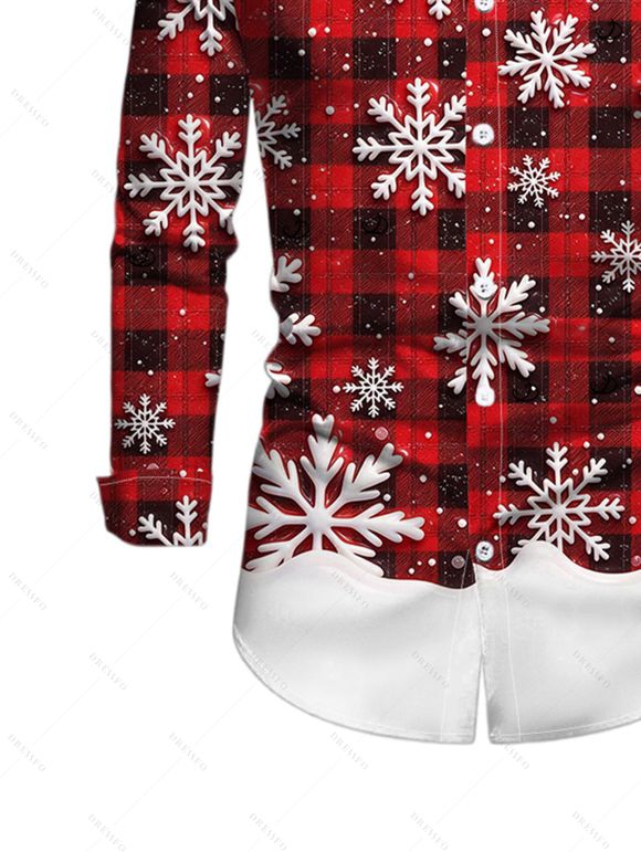 Men's Christmas Shirt Colorblock Plaid Snowflake Print Button Up Long Sleeve Holiday Shirt - Rouge Vineux M