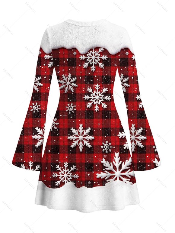 Christmas Dress Plaid Snowflake Print Bell Sleeve A Line Mini Holiday Dress - Rouge Vineux XXL | US 14