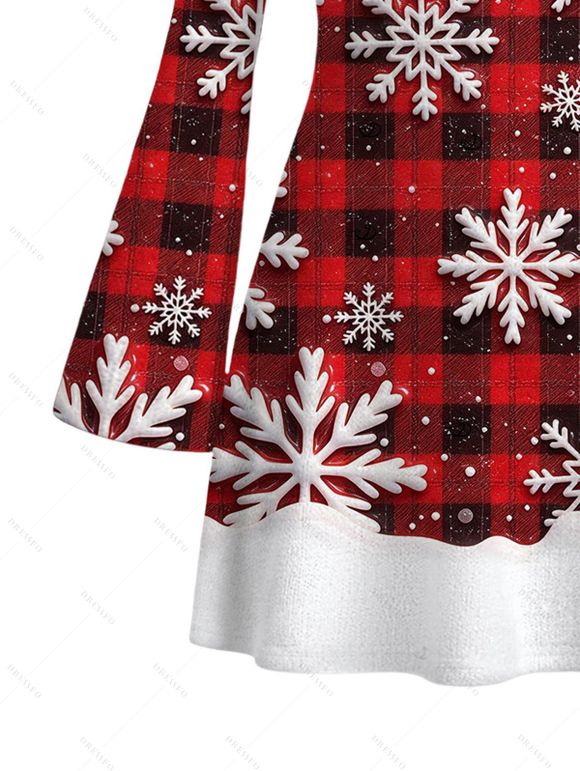 Christmas Dress Plaid Snowflake Print Bell Sleeve A Line Mini Holiday Dress - Rouge Vineux XXL | US 14