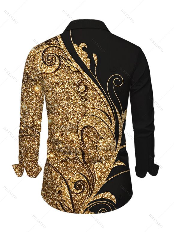 Men's Party Shirt Gold Glitter Scrollwork Print Button Up Long Sleeve Shirt - Noir L