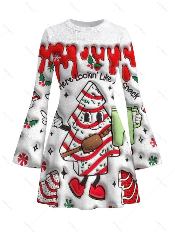Christmas Couple Outfit Christmas Tree Snowflake 3D Print Bell Sleeve A Line Mini Dress and Long Sleeve Shirt Set - Blanc S | US 4