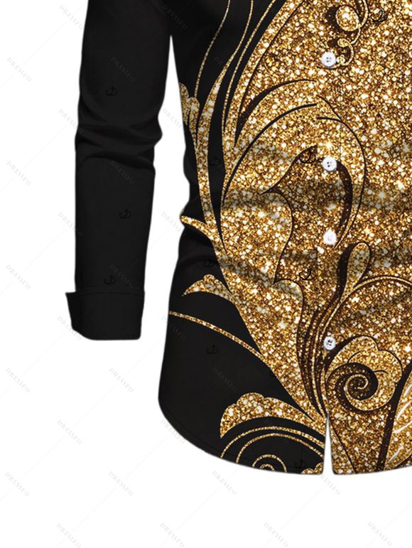 Men's Party Shirt Gold Glitter Scrollwork Print Button Up Long Sleeve Shirt - Noir L