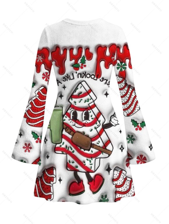 Christmas Couple Outfit Christmas Tree Snowflake 3D Print Bell Sleeve A Line Mini Dress and Long Sleeve Shirt Set - Blanc S | US 4