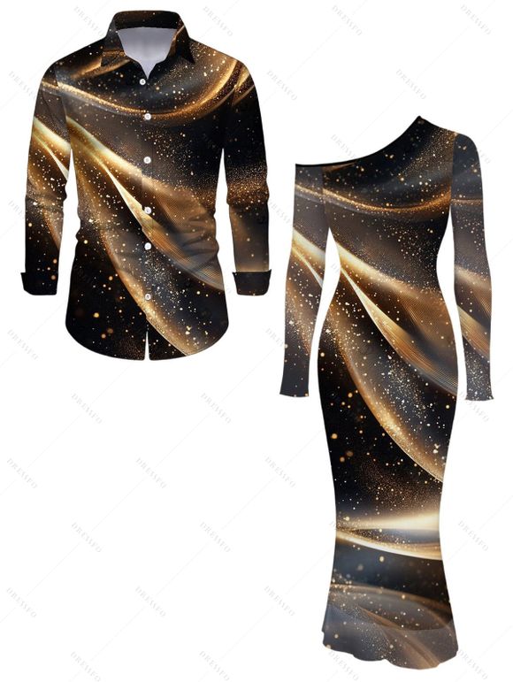 Party Couple Outfit Starry Galaxy Print Mesh Panel Skew Neck Bodycon Dress and Long Sleeve Shirt Set - marron foncé S | US 4