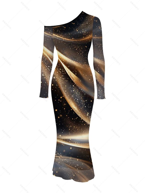 Party Couple Outfit Starry Galaxy Print Mesh Panel Skew Neck Bodycon Dress and Long Sleeve Shirt Set - marron foncé S | US 4