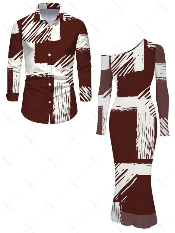 Vintage Couple Outfit Colorblock Abstract Brushstroke Graffiti Print Mesh Panel Skew Neck Bodycon Dress and Long Sleeve Shirt Set - Rouge Vineux S | US 4
